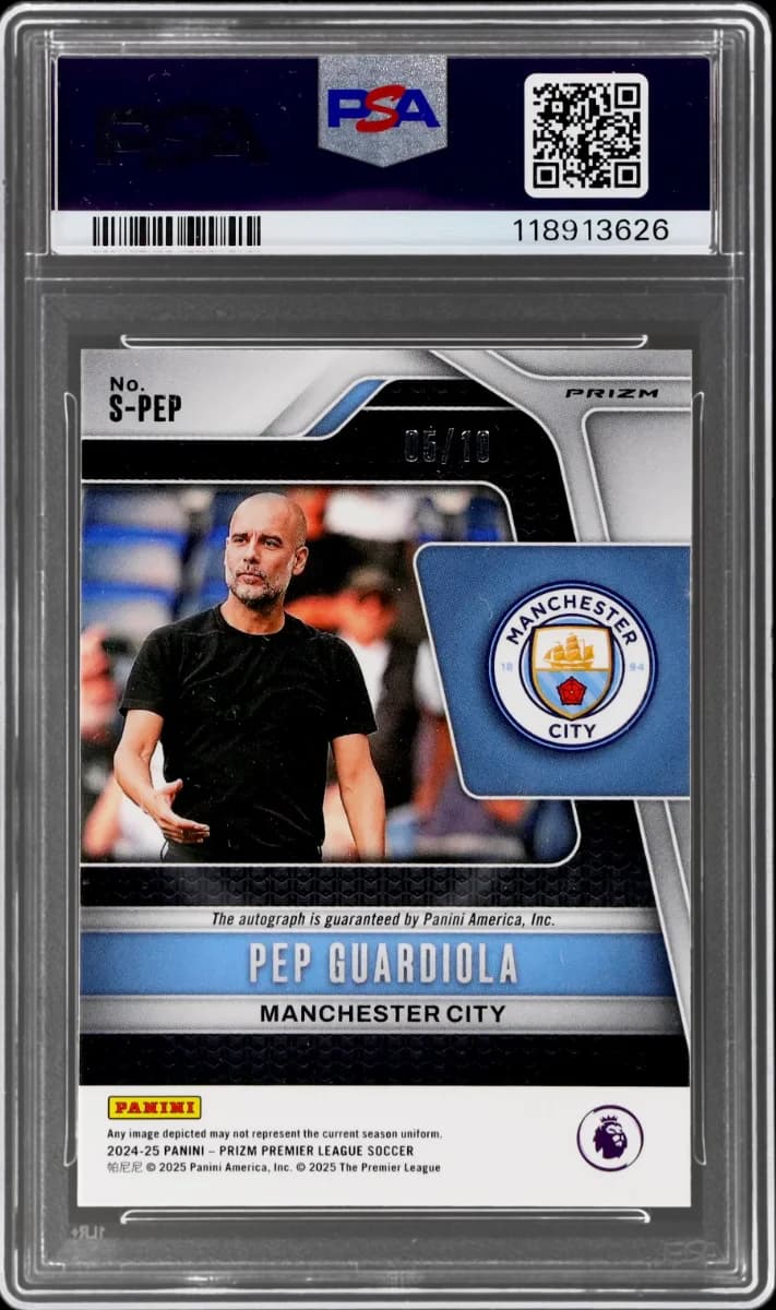 2024 Prizm EPL Pep Guardiola Gold Prizm Auto PSA 10 back