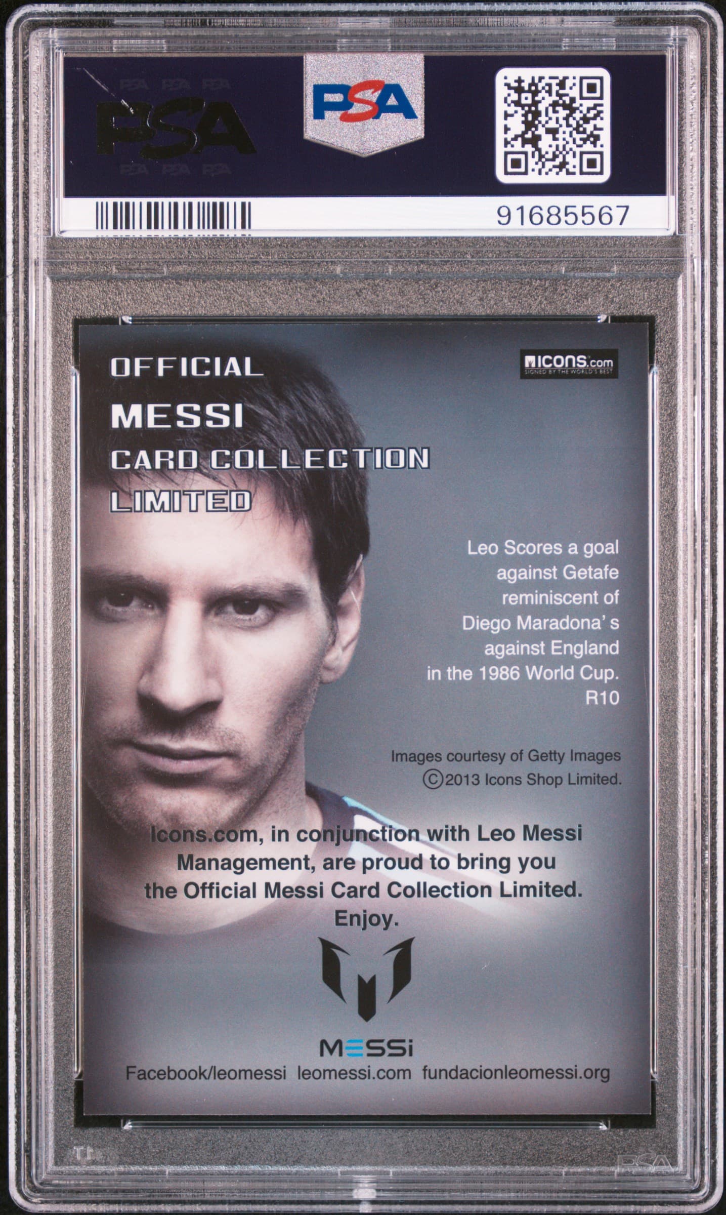 2013 Icons Lionel Messi (Limited Edition) PSA 10 Goal Vs Getafe/Maradona back