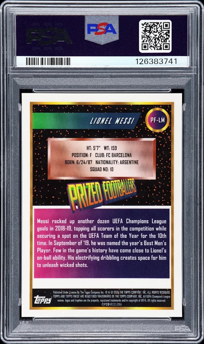 2019 Finest UCL Lionel Messi Prized Footballer Superfractor 1/1 PSA 9 back