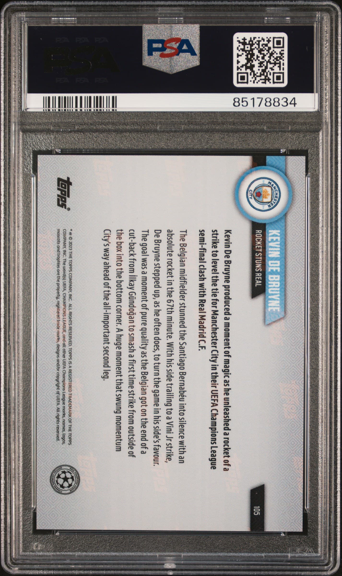 2022 Topps Now UCL Kevin De Bruyne Gold 1/1 PSA 10 back