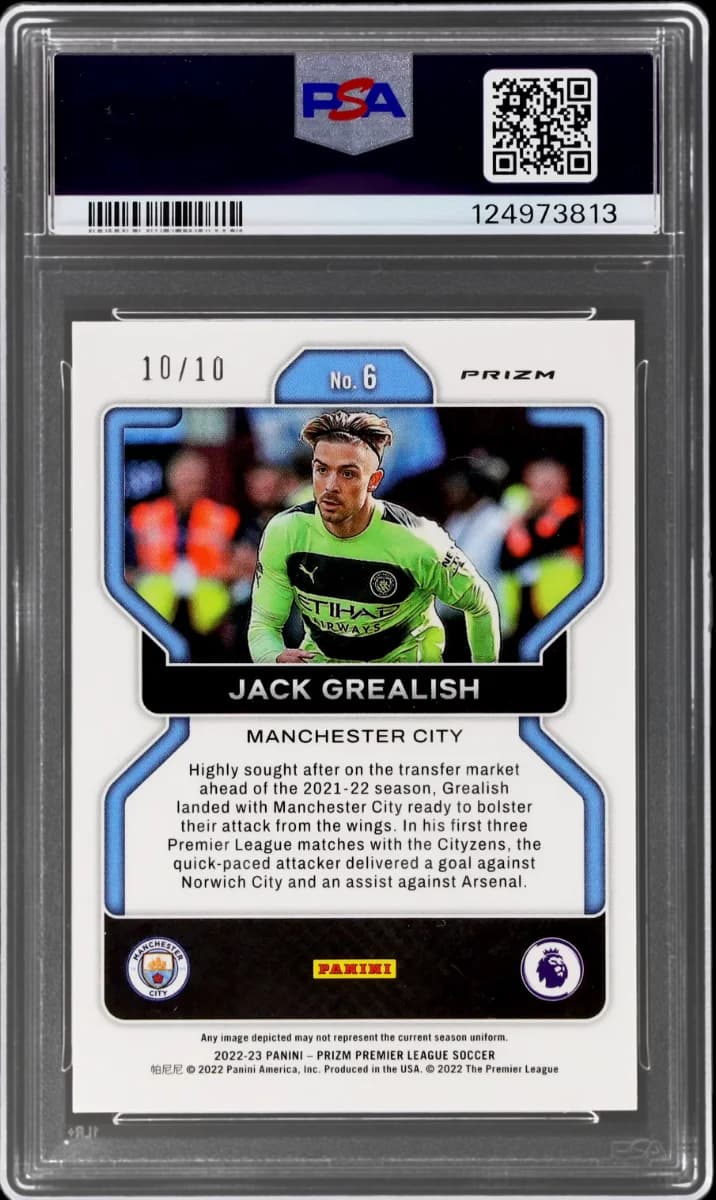 2022 Panini Prizm EPL Gold Prizm | Mancity Treble Year | Jack Grealish #6 back