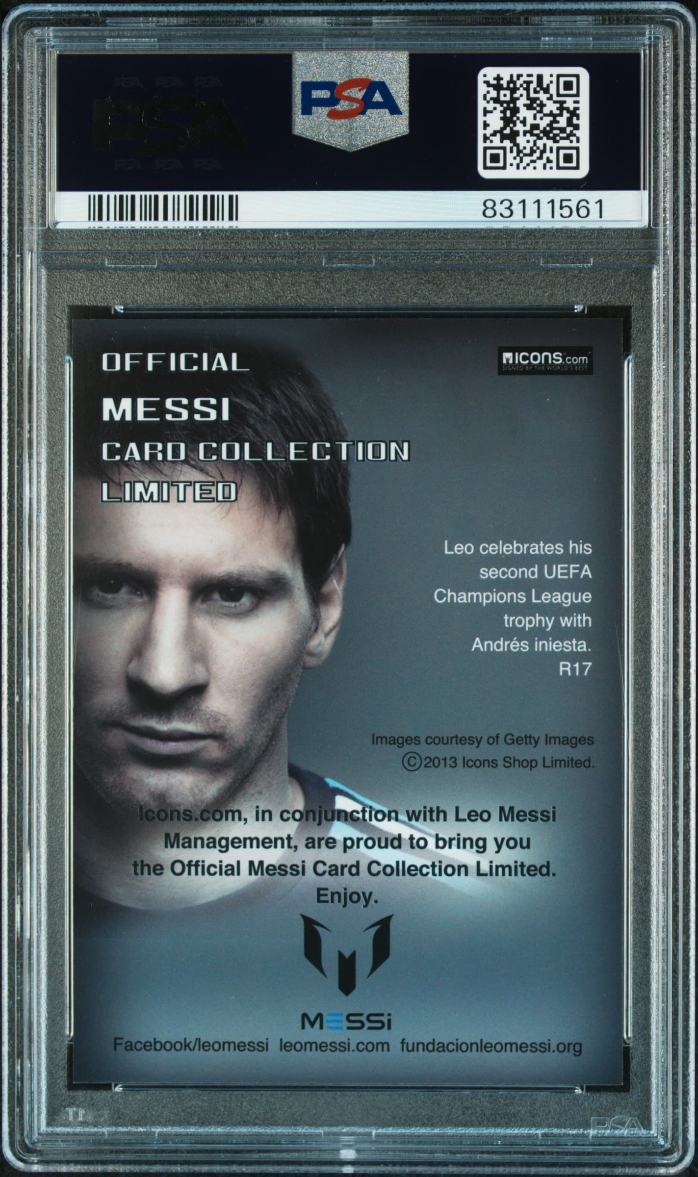 2013 Icons Lionel Messi (Limited Edition) PSA 10 UEFA Champ League Trophy back