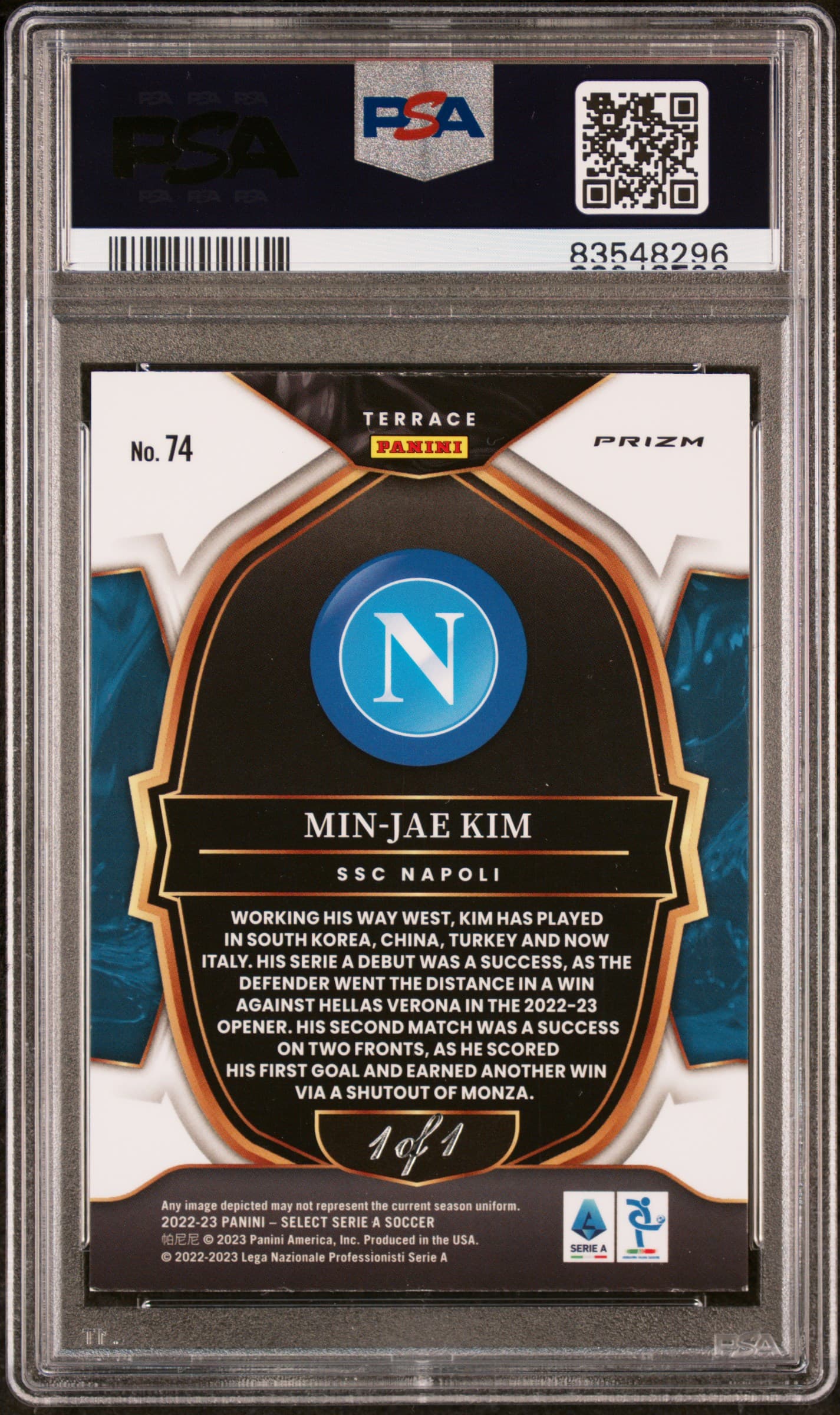 2022 Serie A Min Jae Kim Black Prizm 1/1 PSA 6 back